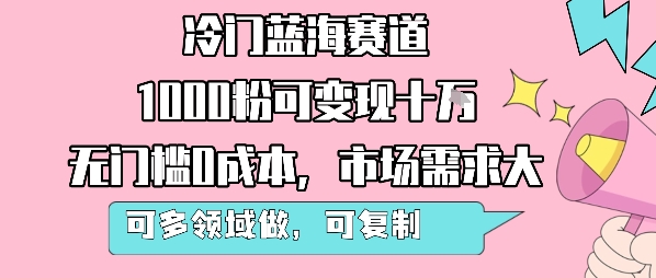 冷门蓝海赛道，1000粉可变现十W，无门槛0成本，市场需求大，可多领域做，可复制性强-日入300副业网