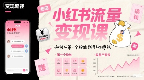 小红书流量变现课，如何从第一个粉丝就开始挣钱-日入300副业网