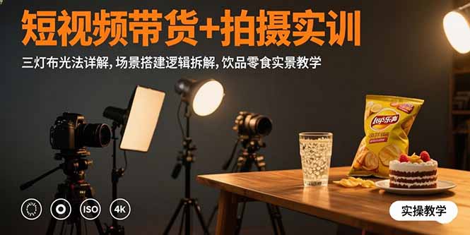 短视频带货+拍摄实训：三灯布光法详解,场景搭建逻辑拆解,饮品零食实景教学-日入300副业网
