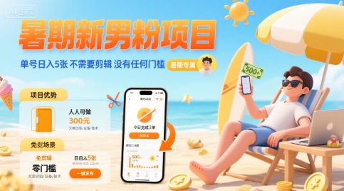 暑期新男粉项目 单号日入5张 不需要剪辑 没有任何门槛-日入300副业网