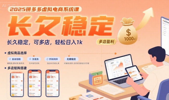 2025拼多多虚拟电商系统课，长久稳定，可多店，轻松日入1k-日入300副业网