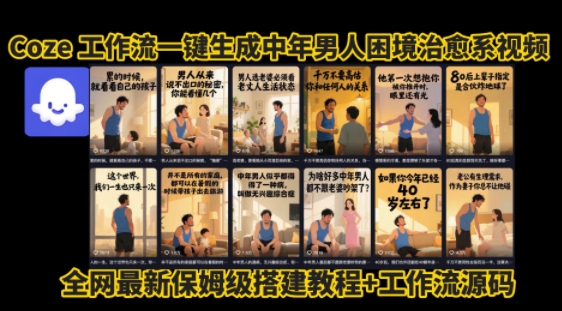 coze工作流一键生成”中年男人困境扎心高涨粉高播放量图文视频”保姆级拆解教程，无需剪辑，无需拍摄写文案-日入300副业网
