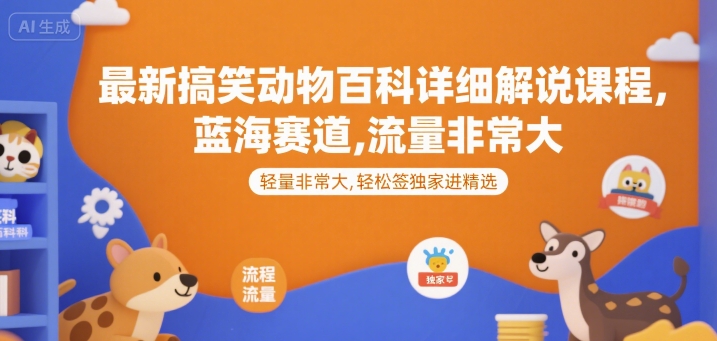最新搞笑动物百科详细解说课程，蓝海赛道，流量非常大，轻松签独家进精选-摇钱述