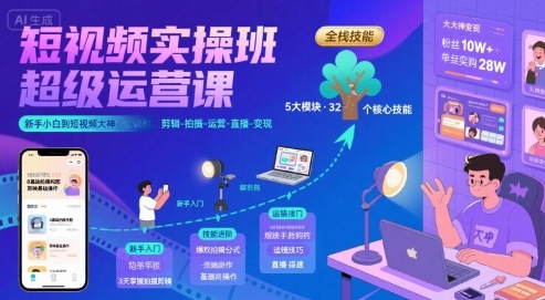 短视频实操班超级运营课，新手小白到短视频大神必修课程，剪辑-拍摄-运营-直播-变现-日入300副业网