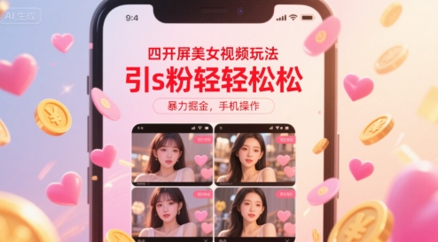 四开屏美女视频玩法，引s粉轻轻松松，暴力掘金，手机操作【揭秘】-日入300副业网