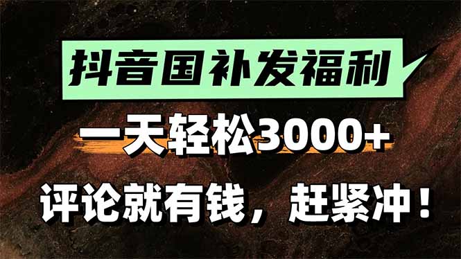 一天轻松3000+，抖音国补福利！评论就有钱，还有额外躺赚！-日入300副业网