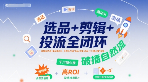 选品+剪辑+投流全闭环，破播自然流+撬动高ROI，手把手打通“选品-剪辑-测品-千川随心推”全链-日入300副业网