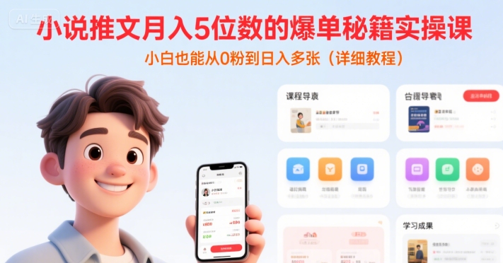 小说推文月入5位数的爆单秘籍实操课，，小白也能从0粉到日入多张(详细教程)-摇钱述