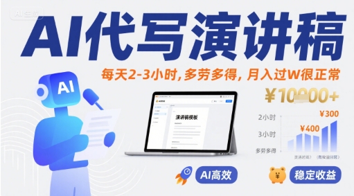 AI代写演讲稿，每天2-3小时，多劳多得，月入过W很正常-日入300副业网