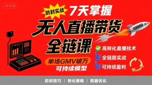 无人直播带货全链防封实战课，7天掌握高转化直播技术，实现单场GMV破万可持续模型-日入300副业网