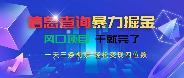 信息查询暴力掘金，一天三条视频 轻松变现四位数，风口项目干就完了-日入300副业网