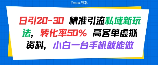 日引 20-30 精准引流私域新玩法，转化率50% 高客单虚拟资料，小白一台手机就能做-日入300副业网