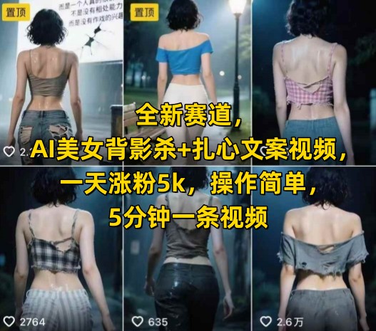 全新赛道，AI美女背影杀+扎心文案视频，一天涨粉5k，操作简单，5分钟一条视频-摇钱述