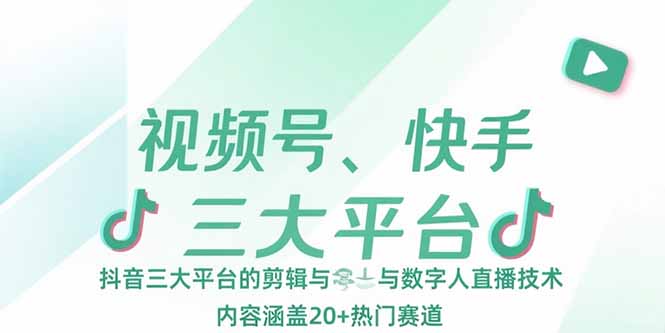 视频号、快手、抖音三大平台的剪辑与数字人直播技术，内容涵盖20+热门赛道-日入300副业网