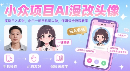 小众项目AI漫改头像，实测日入多张，小白一部手机可以做，保姆级全流程教学-日入300副业网