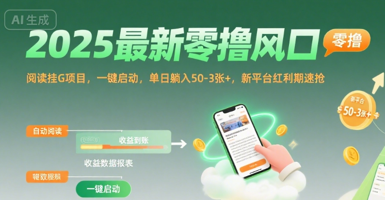 2025最新零撸风口，阅读挂G项目，一键启动，单日躺入 50-3张+，新平台红利期速抢【揭秘】-日入300副业网