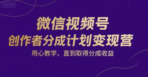 微信视频号创作者分成计划变现营，用心教学，直到取得分成收益-摇钱述