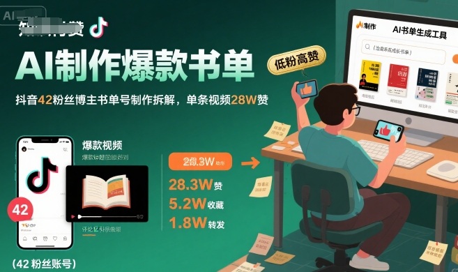 AI制作爆款书单，抖音42粉丝博主书单号制作拆解，单条视频28W赞-日入300副业网
