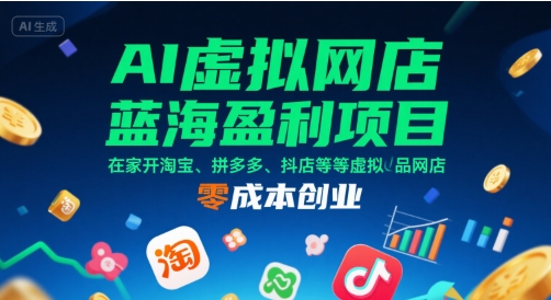 AI虚拟网店蓝海盈利项目，在家开淘宝、拼多多、抖店等虚拟品网店，零成本创业-日入300副业网