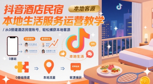 抖音酒店民宿本地生活服务运营教学，从0搭建酒店民宿账号，轻松捕获本地客源-日入300副业网