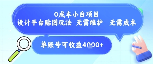 0成本小白项目，设计平台贴图玩法，无需维护，无需成本，单账号单月可产生收益4k+-摇钱述
