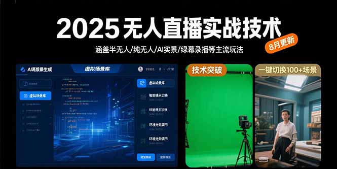 2025无人直播实战技术-8月，涵盖半无人/纯无人/AI实景/绿幕录播等主流玩法-日入300副业网