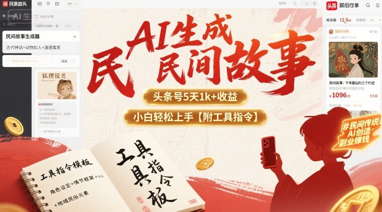 AI生成民间故事，头条号5天1k+，小白轻松上手【附工具指令】-日入300副业网