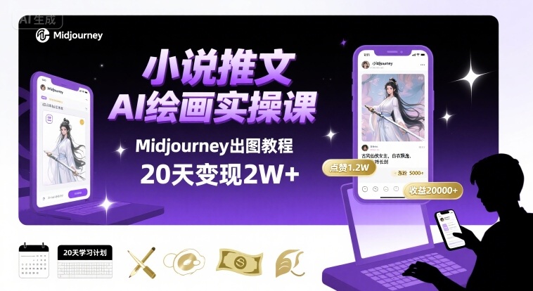 小说推文干货分享之AI绘画MJ出图实操课，用Midjourney做小说推文，20天挣2w-日入300副业网
