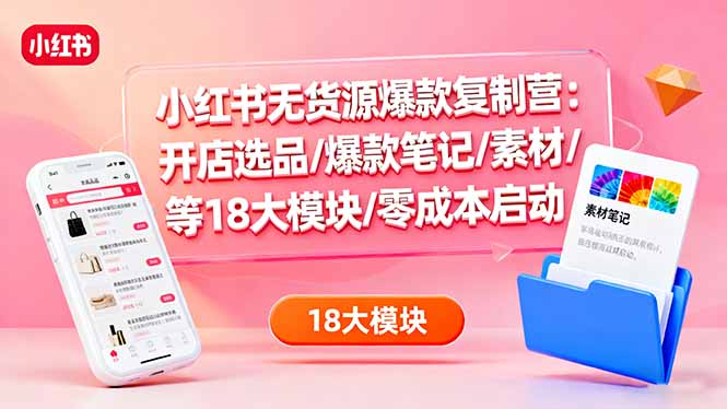 小红书无货源爆款复制营：开店选品/爆款笔记/素材/等18大模块/零成本启动-摇钱述