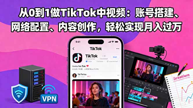 从0到1做TikTok中视频：账号搭建、网络配置、内容创作，轻松实现月入过万-日入300副业网