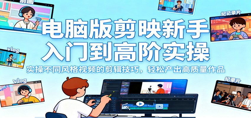 电脑版剪映新手入门到高阶实操,实操不同风格视频的剪辑技巧,轻松产出高质量作品-日入300副业网