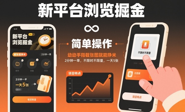 新平台浏览掘金，动动手指截张图就能挣米，2分钟一单，不限时不限量，一天5张【揭秘】-日入300副业网