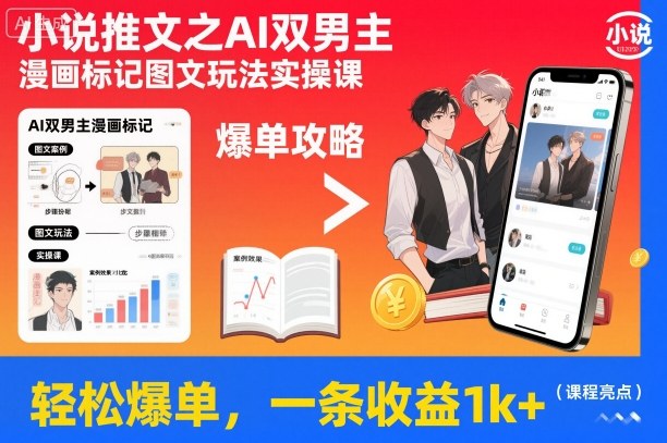 小说推文之AI双男主漫画标记图文玩法实操课，轻松爆单，一条收益1k+-日入300副业网