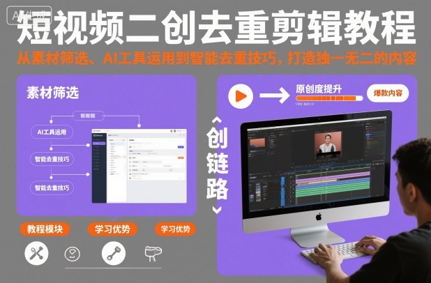 短视频二创去重剪辑教程，从素材筛选、AI工具运用到智能去重技巧，打造独一无二的内容-日入300副业网