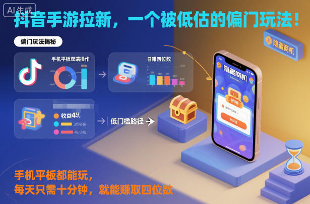 抖音手游拉新，一个被低估的偏门玩法！手机平板都能玩，每天只需十分钟，就能賺取四位数【揭秘】-日入300副业网