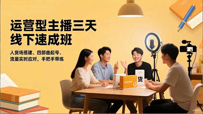 运营型主播三天线下班，人货场搭建,四部曲起号,流量实时应对，手把手带练-日入300副业网