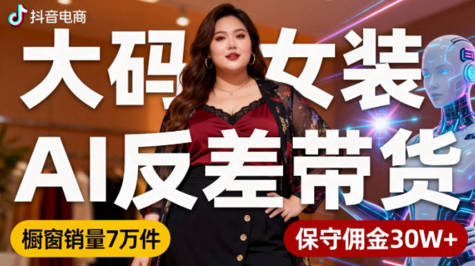 抖音小众赛道，大码女装AI反差带货，不用直播，每天6条作品，橱窗卖7万件，保守佣金30W+-日入300副业网