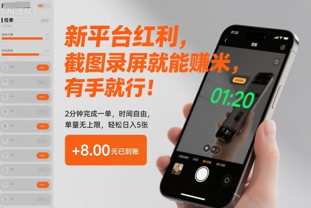 新平台红利,截图录屏就能賺米,有手就行!2分钟完成一单,时间自由,单量无上限,轻松日入5张【揭秘】66资源网-互联网项目分享基地-创业兼职副业分享项目-互联网源码分享-免费源码分享-免费资源分享66资源网