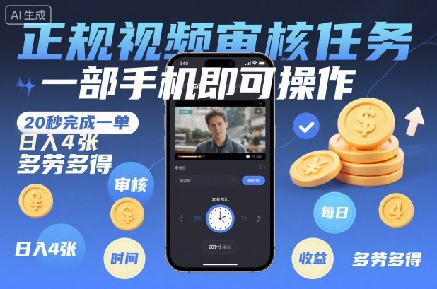 正规视频审核任务，一部手机即可操作，20秒完成一单，日入4张，多劳多得【揭秘】-摇钱树