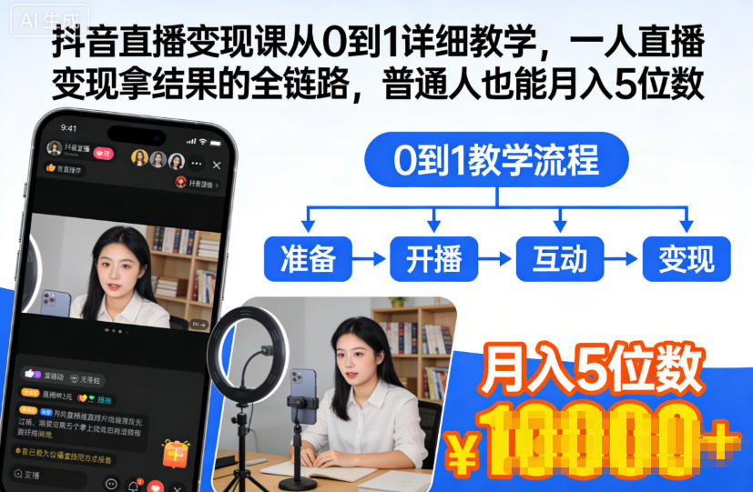 抖音直播变现课从0到1详细教学，一人直播变现拿结果的全链路，普通人也能月入5位数-摇钱树
