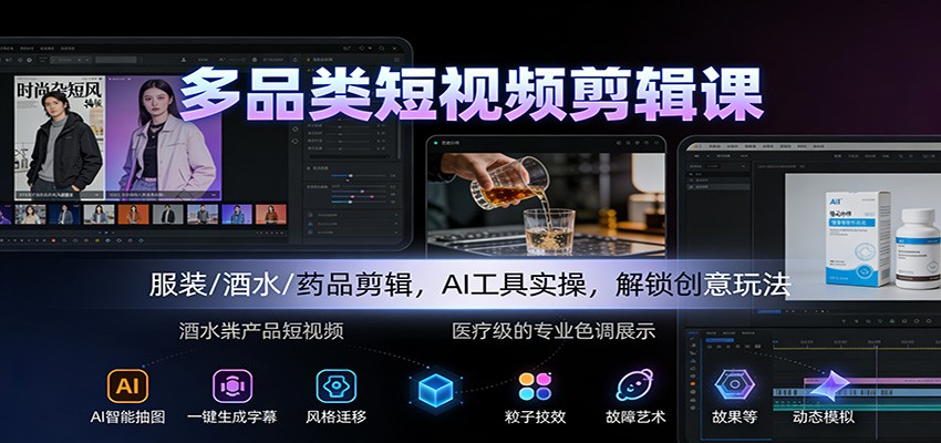 多品类短视频剪辑课:服装/酒水/药品剪辑,AI工具实操,解锁创意玩法-摇钱树