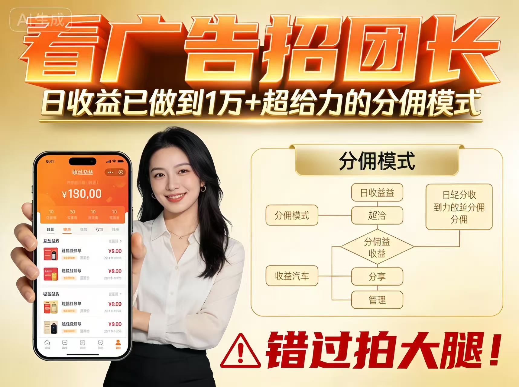 看广告招团长，团队收益已做到日入1万，分佣模式超给力，错过拍大腿-琪哥网创