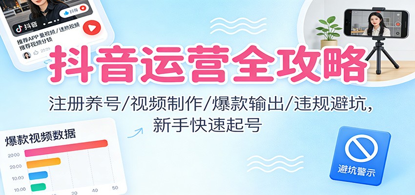 抖音运营全攻略:注册养号/视频制作/爆款输出/违规避坑,新手快速起号-摇钱树
