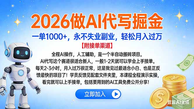 2026做AI代写掘金，一单1000+，永不失业副业，轻松月入过万-摇钱树