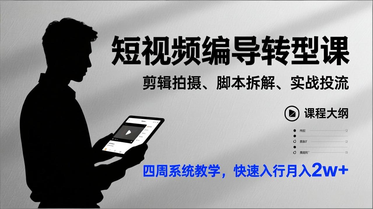 短视频编导转型课，剪辑拍摄、脚本拆解、实战投流，四周系统教学，快速入行月入2w+-摇钱树