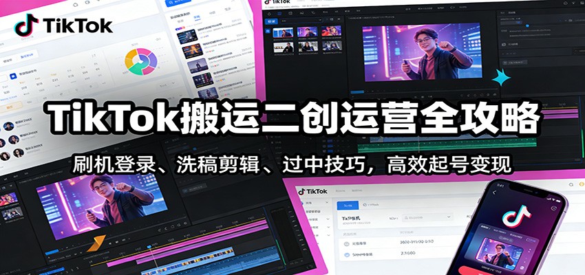 TikTok搬运二创运营全攻略：刷机登录、洗稿剪辑 、过中技巧，高效起号变现-摇钱树