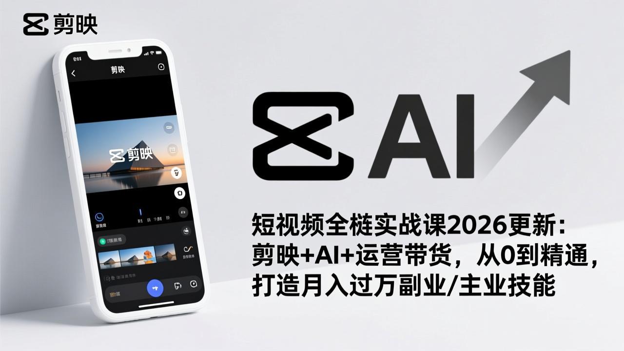短视频全栈实战课2026更新：剪映+AI+运营带货，从0到精通，打造月入过万副业/主业技能-摇钱树