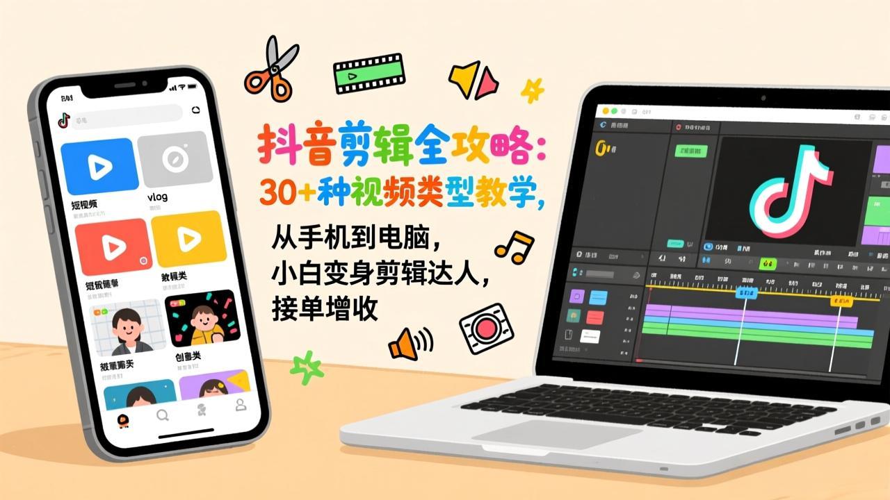 抖音剪辑全攻略：30+种视频类型教学，从手机到电脑，小白变身剪辑达人，接单增收-摇钱树