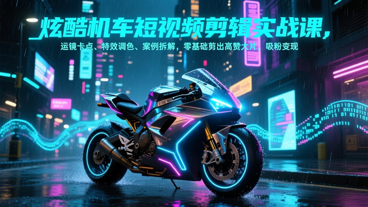 炫酷机车短视频剪辑实战课，运镜卡点、特效调色、案例拆解，零基础剪出高赞大片，吸粉变现-摇钱树