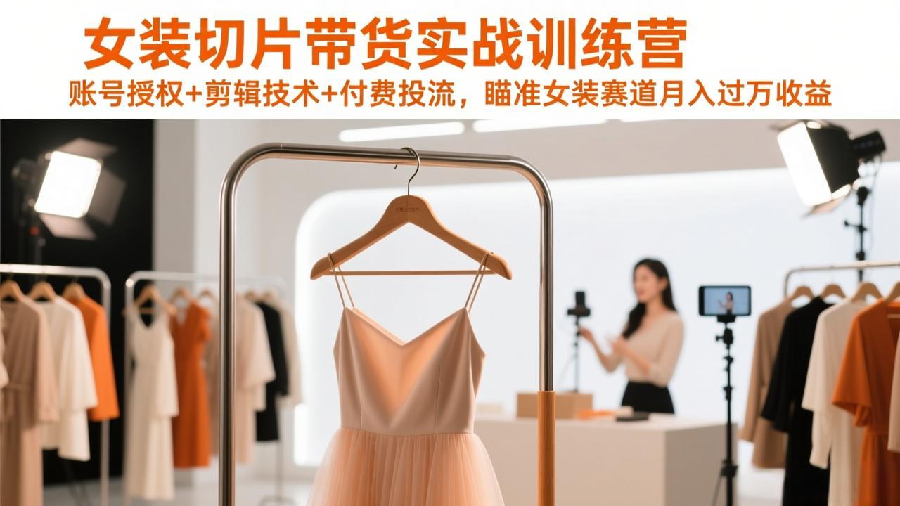 女装切片带货实战训练营，账号授权+剪辑技术+付费投流，瞄准女装赛道月入过万收益-发财树
